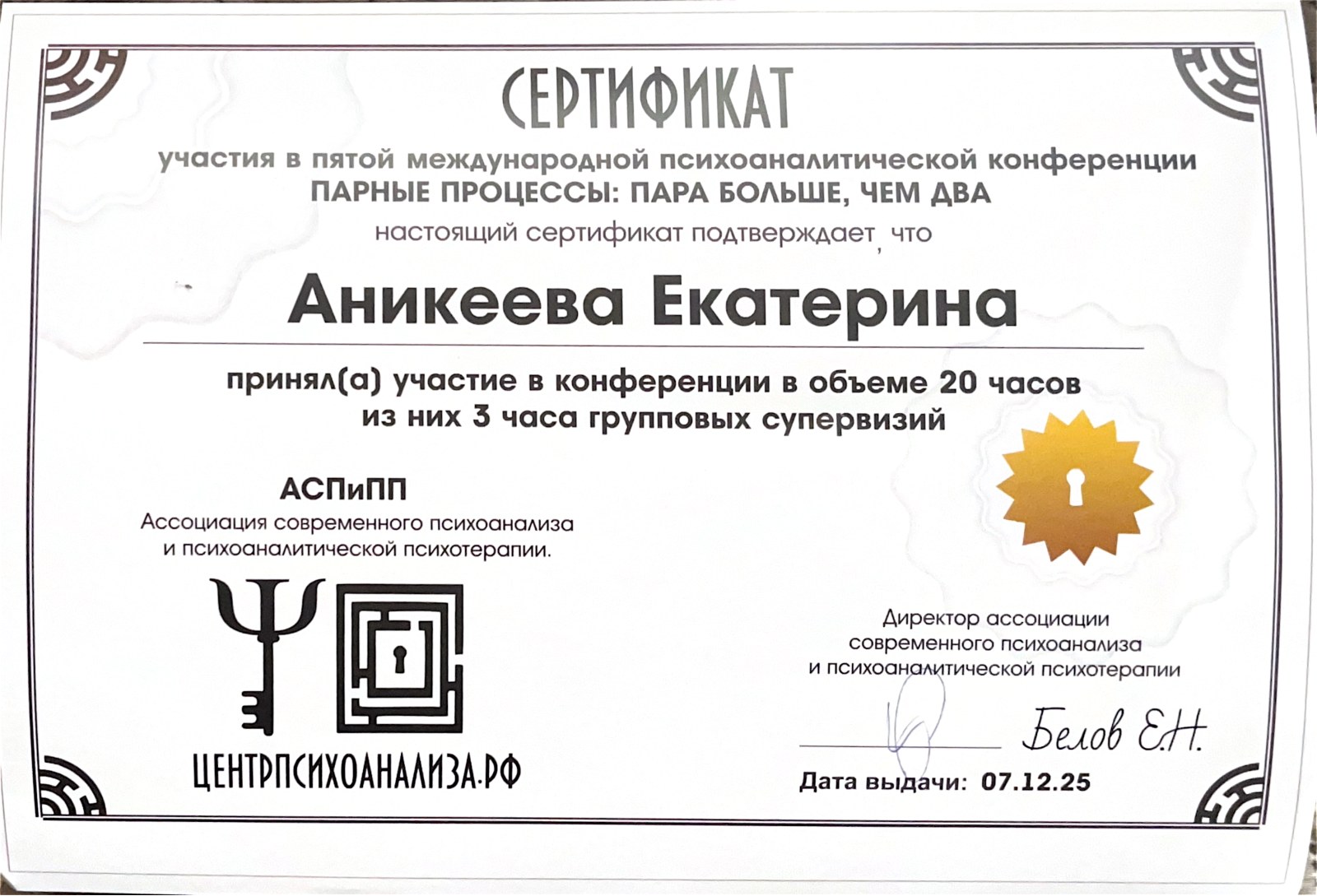 Сертификаты психоаналитических программ и конференций